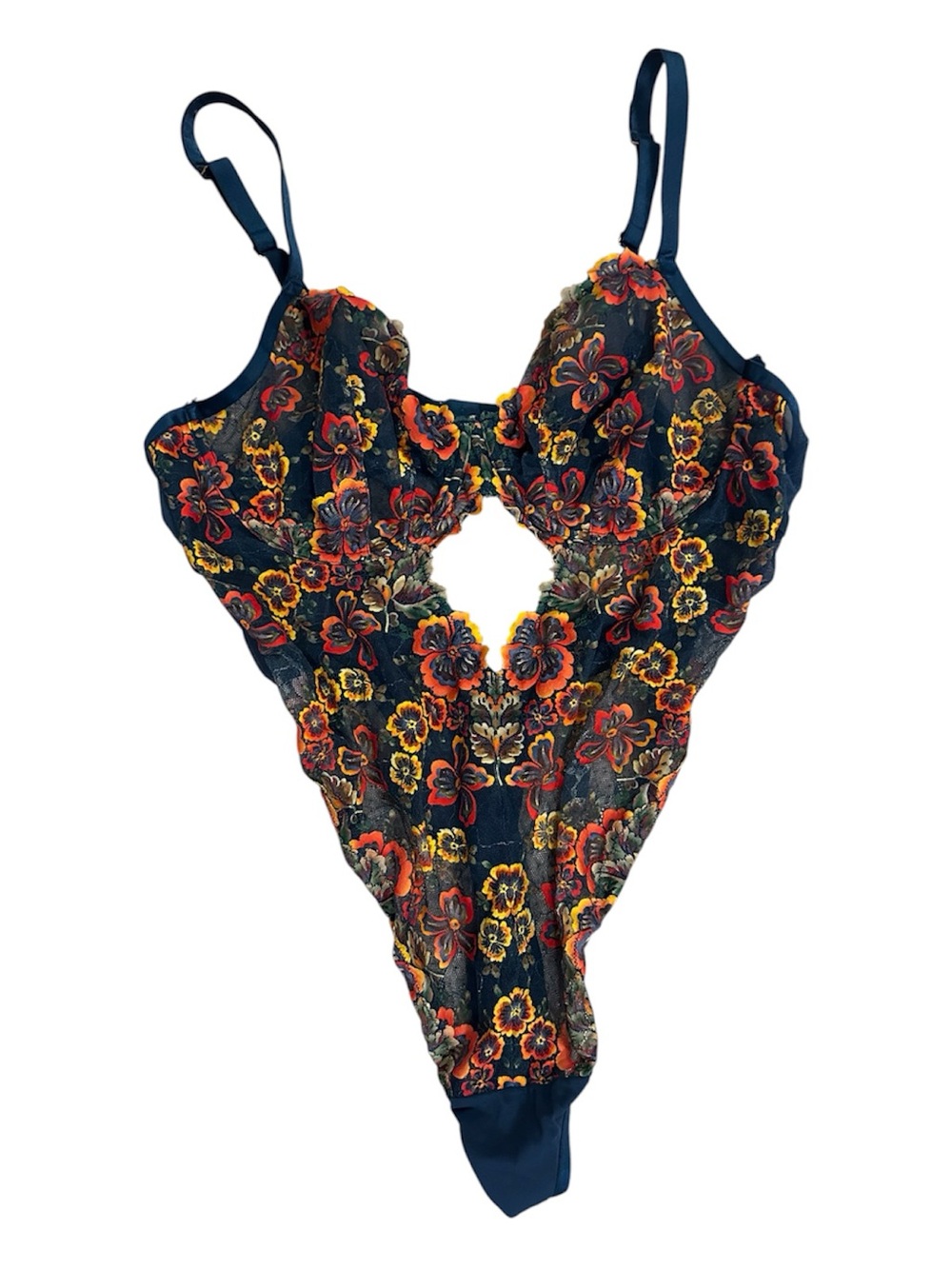 Floral Lace One-Piece Teddy with Red, Orange, and Yellow Accents